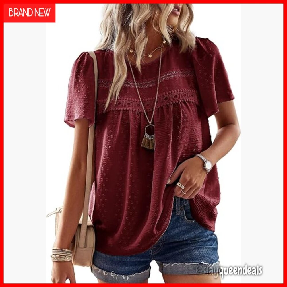 Boho Crewneck Blouse with Lace Hem, Loose Fit, Short Sleeve, Polyester